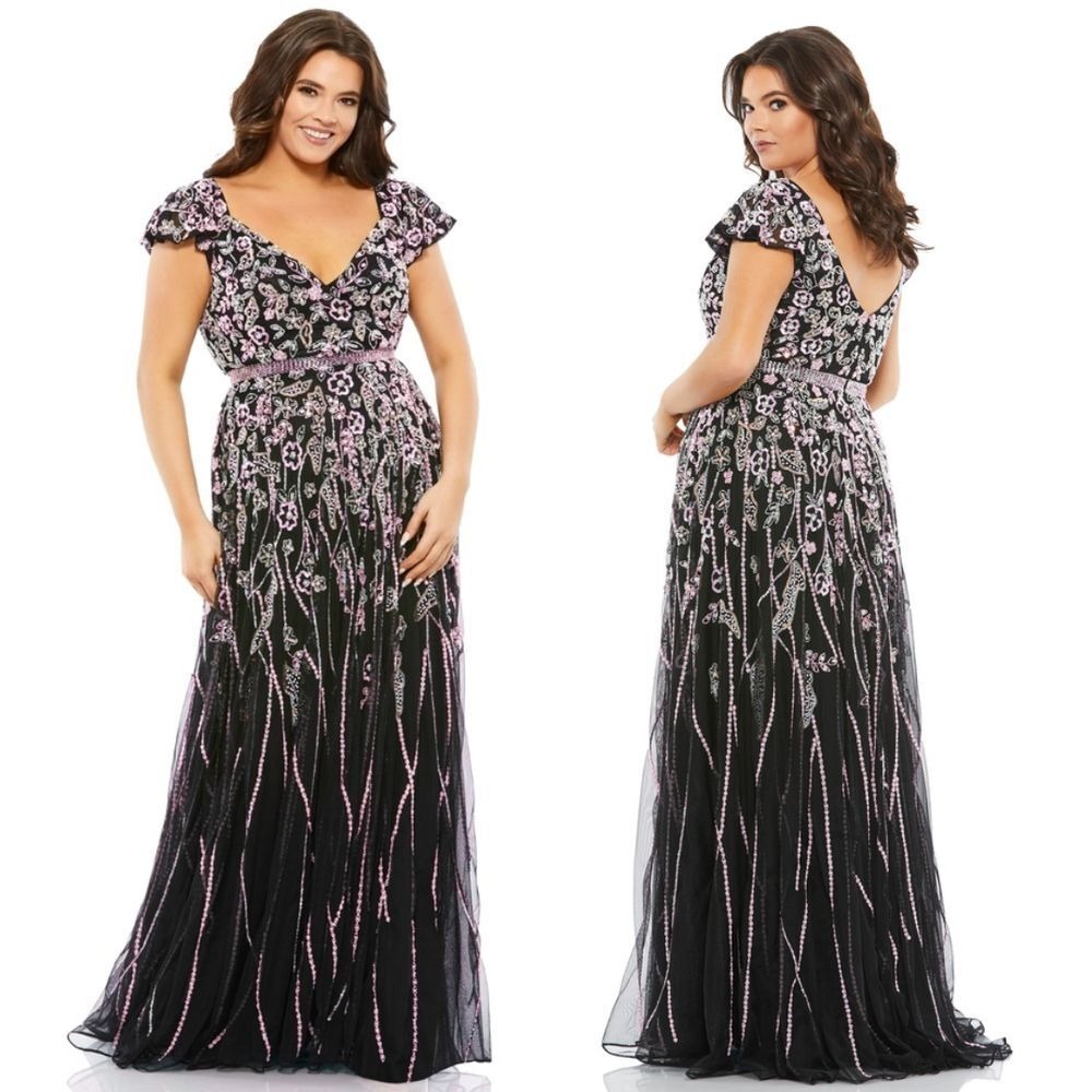 Mac Duggal Floral Embellished Cap Sleeve Long Gown Black Multi $598 Size 14W